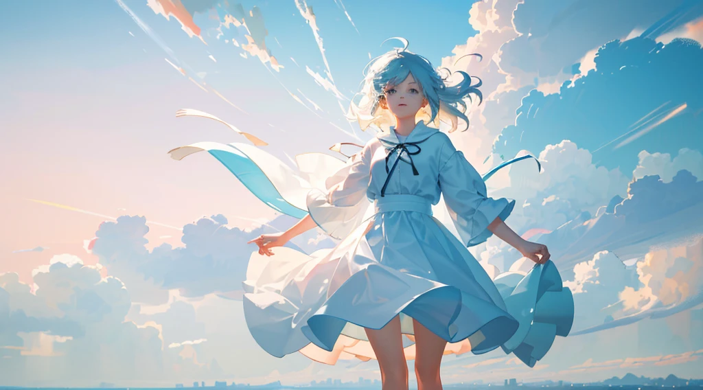masterpiece, highest quality, Movie stills, One girl, Floating in the sky, cloud girl, cloud, (close:1.1), bright, Happy, fun, Soft lighting, (Bauhaus, shape, OK, Abstract:1.1)