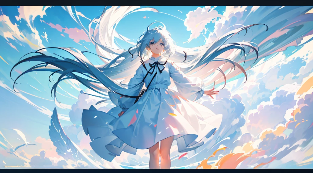 masterpiece, highest quality, Movie stills, One girl, Floating in the sky, cloud girl, cloud, (close:1.1), bright, Happy, fun, Soft lighting, (Bauhaus, shape, OK, Abstract:1.1)