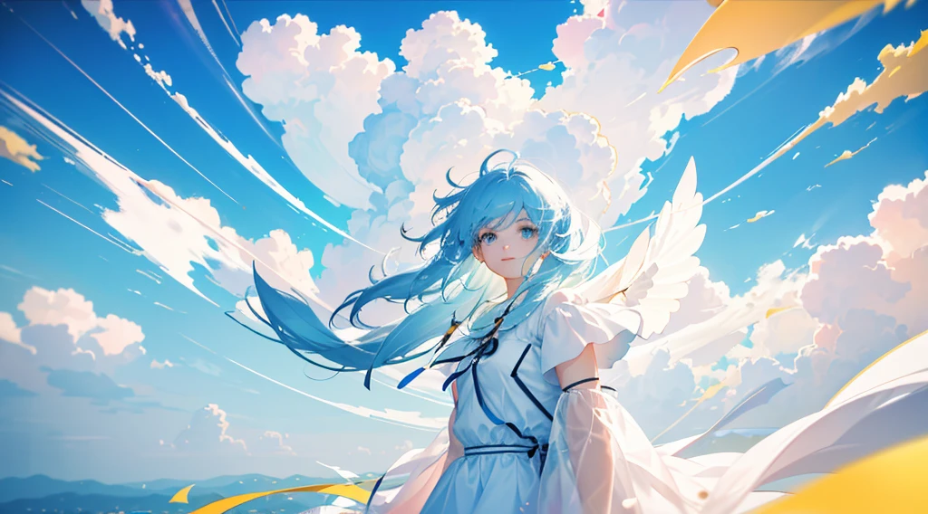 masterpiece, highest quality, Movie stills, One girl, Floating in the sky, cloud girl, cloud, (close:1.1), bright, Happy, fun, Soft lighting, (Bauhaus, shape, OK, Abstract:1.1)