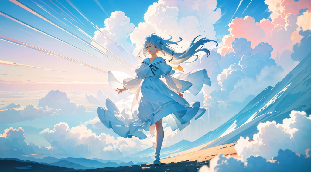 masterpiece, highest quality, Movie stills, One girl, Floating in the sky, cloud girl, cloud, (close:1.1), bright, Happy, fun, Soft lighting, (Bauhaus, shape, OK, Abstract:1.1)