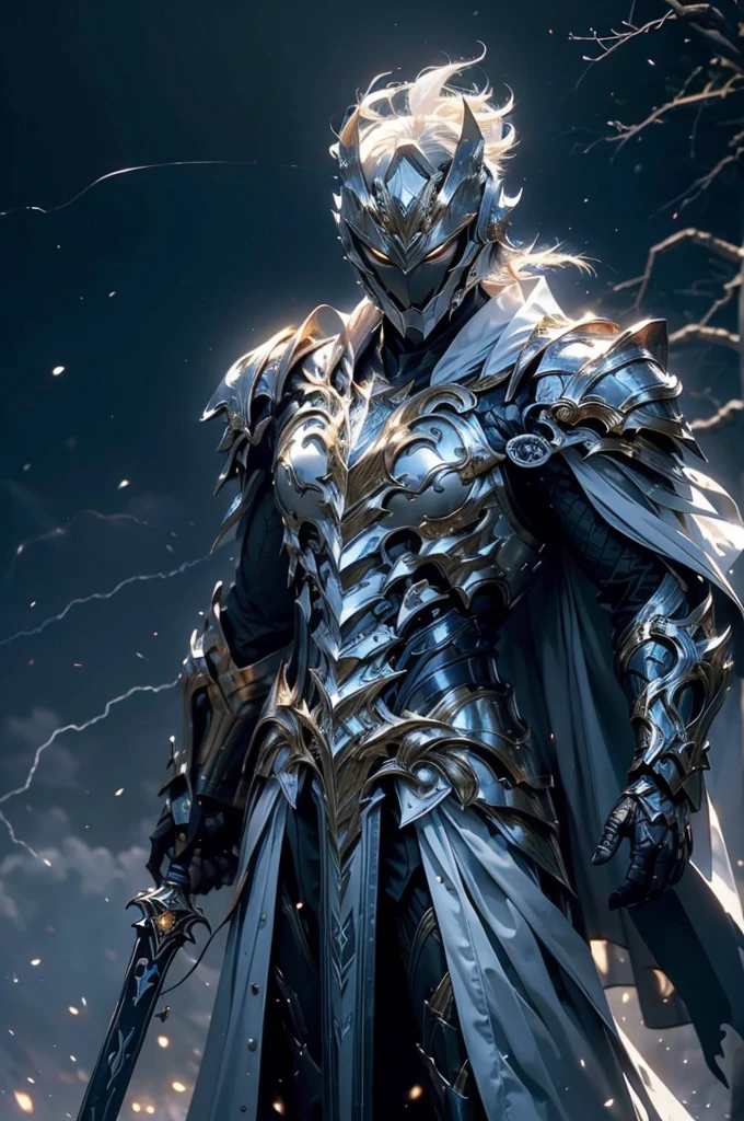 (master piece:1.5), (best quality:1.5), (exquisite lighting and shadow, highly dramatic picture, cinematic lens effect) (Photorealistic picture) highly detailed, realistic, cinematic lighting, studio quality, 8k, wallpaper, dynamic pose, ??????? correct, epic fantasy digital art, Epic composition, full body short black hair pale Male paladin wearing a white leather armor under a shiny white intricate elaborated plate chest armor with gold lightnings accents, long white cape with gold lightnings ornaments, holding a great white lightning sword, white lightning, white storm background, lightnings