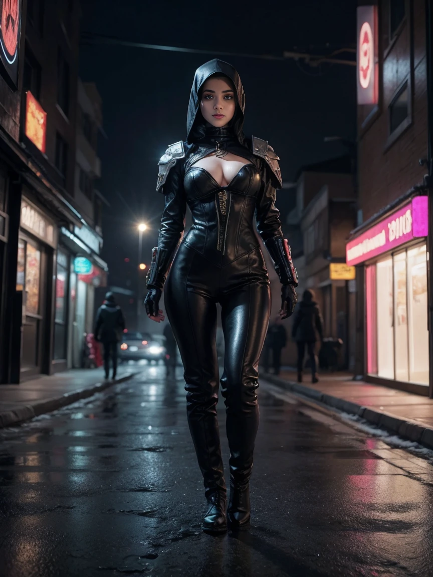 From below, full body shot of a gorgeous brunette woman wear hijab, age 23, nice hijab, she's a men magazine model, She has a subtle smile and flirts with the camera, (she’s in the street of a futuristic cyberpunk city with snow), (she’s wears a Victorian cyberpunk leather suit covering her ?????:1.2), perfect eyes, perfect hands, perfect body, ((perfect hair)), ??????????????, hair behind ear, UHD, retina, masterpiece, accurate, anatomically correct, textured skin, super detail, high details, high quality, award winning, best quality, highres, 16k, 8k, cinematic lighting
