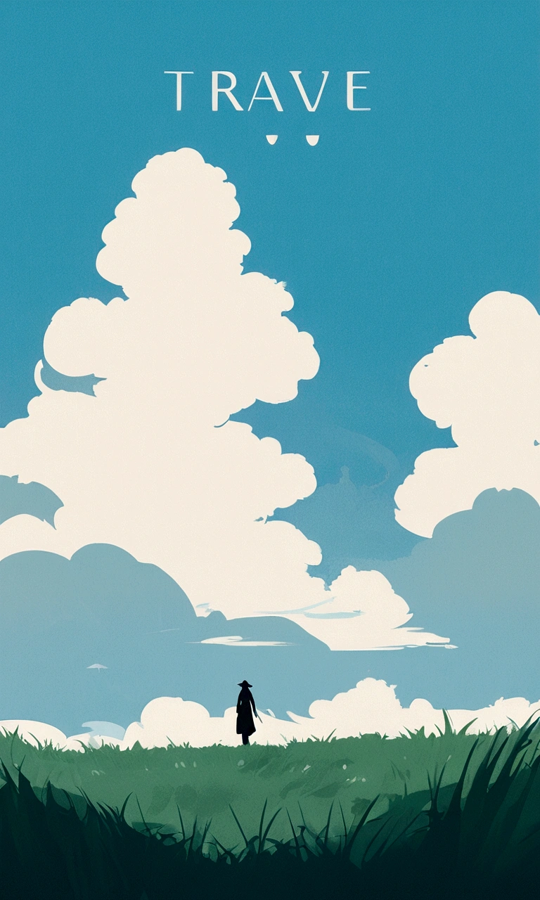 travel poster design, grassland, Blue sky, White Cloud, Image minimalist style