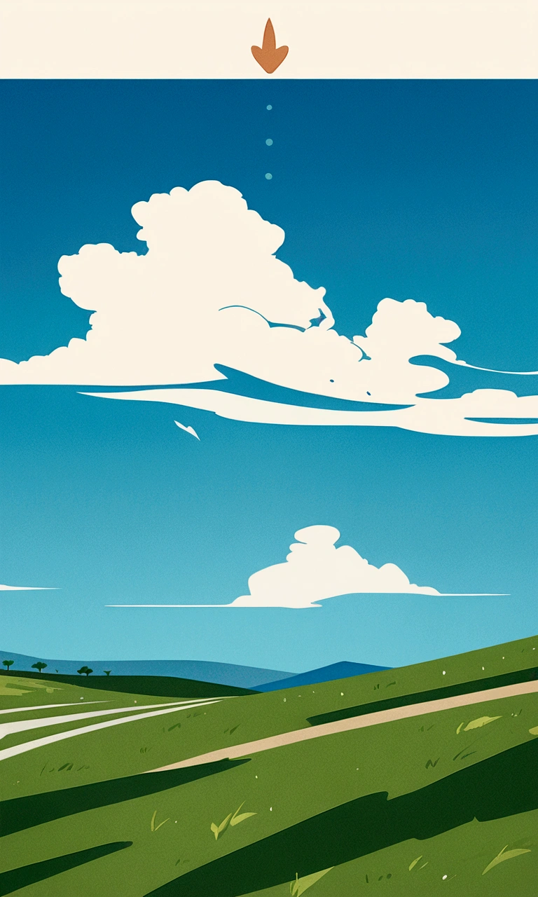 travel poster design, grassland, Blue sky, White Cloud, Image minimalist style