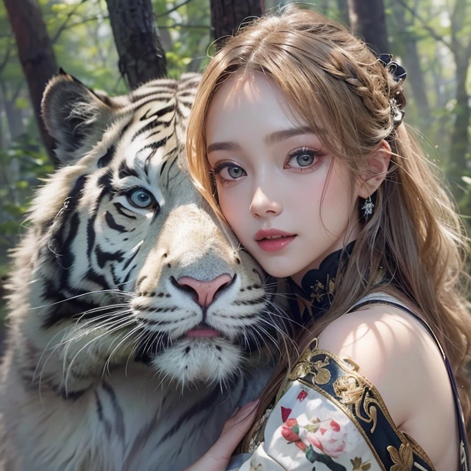 Standing in the forest、Hair flow、 ((highest quality、masterpiece、8k、Best image quality、Ultra-high resolution、Award-winning works)、(Accurate anatomy:1.1)、(Look at me and smile:1.1)、Shining fair skin with Ultra-high resolution、The most detailed face、Ultra-high resolution detailed face、Ultra-high resolutionのblond hair、(Ultra-high resolution eye:1.1)、Beautiful face drawn in every detail、Traditional Russian costume , Chest to chest, Strange atmosphere, Next to him stands a real white tiger, Dark Light, in the forest , Heavy makeup