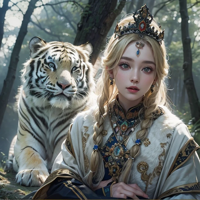 Standing in the forest、Hair flow、 ((highest quality、masterpiece、8k、Best image quality、Ultra-high resolution、Award-winning works)、(Accurate anatomy:1.1)、(Look at me and smile:1.1)、Shining fair skin with Ultra-high resolution、The most detailed face、Ultra-high resolution detailed face、Ultra-high resolutionのblond hair、(Ultra-high resolution eye:1.1)、Beautiful face drawn in every detail、Traditional Russian costume , Chest to chest,  Strange atmosphere, Next to him stands a real white tiger, Dark Light, in the forest , Heavy makeup 