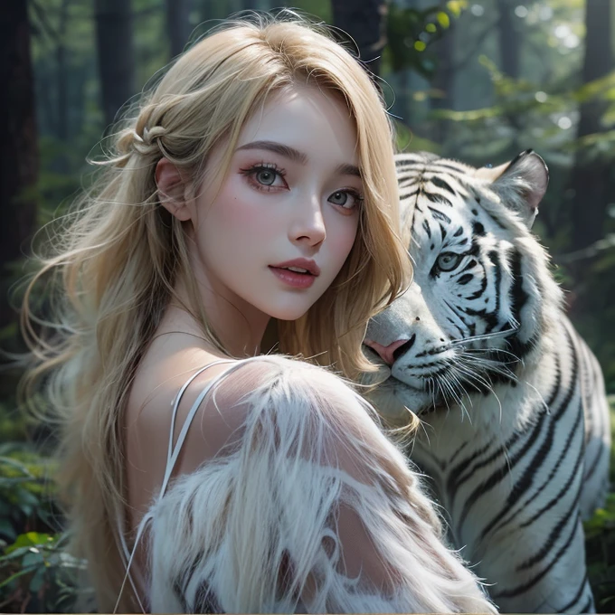 Standing in the forest、Hair flow、 ((highest quality、masterpiece、8k、Best image quality、Ultra-high resolution、Award-winning works)、(Accurate ???????:1.1)、(Look at me and smile:1.1)、Shining fair skin with Ultra-high resolution、The most detailed face、Ultra-high resolution detailed face、Ultra-high resolutionのblond hair、(Ultra-high resolution eye:1.1)、Beautiful face drawn in every detail、Traditional Russian costume , Chest to chest,  Strange atmosphere, Next to him stands a real white tiger, Dark Light, in the forest , Heavy makeup 