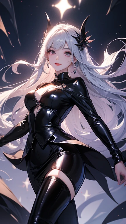 (highest quality,highest quality)、Mature Woman、suit、Fallen into evil、female cadres、Exquisite breasts、Bewitching Smile、Villainess、latex、Tight Skirt、slit、Gloss、Beautiful feet、lure、black tights