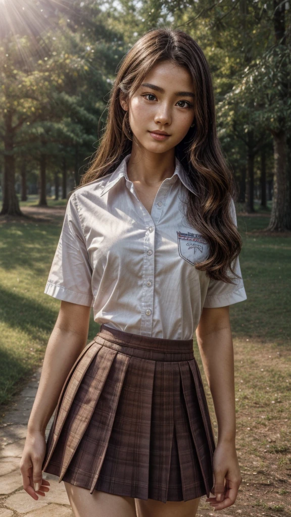 (masterpiece, best quality:1.2), octane rendering, (8k, uhd, ultra high res), professional lighting, (RAW photo:1.2), (photorealistic:1.37), (super intricate all details), (super realistic all textures), superrealism, Lakeside park with sunlight shining through the trees, (school uniform, shirt, skirt), japanese girl, , , skinny body, flat chest, extremely beautiful face, super detailed face, super real skin, super detailed eyes