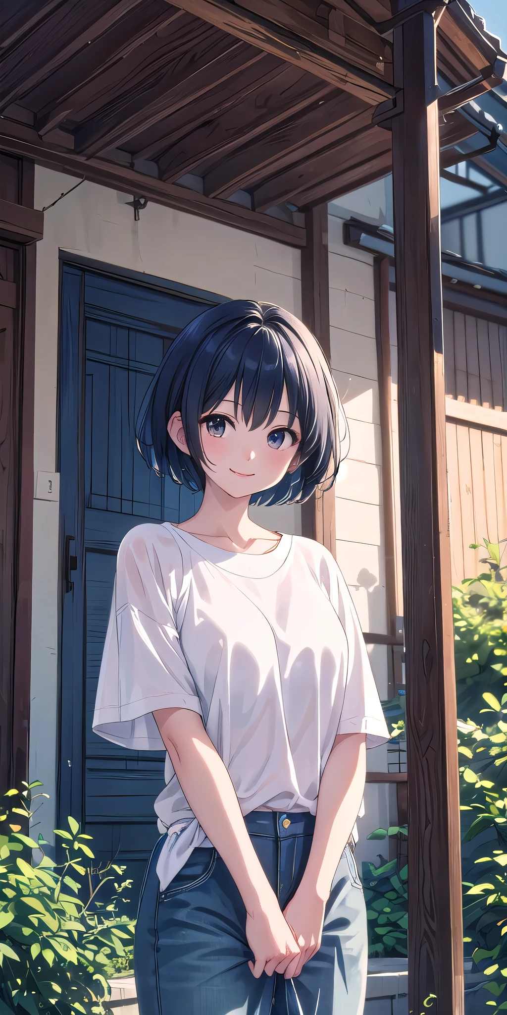 Top quality, beautiful woman, short cut hair, fragile smile, beautiful world, high quality picture, neat and clean clothes, clothes are dark blue,
