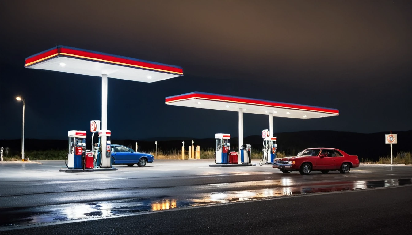 gas station on the road, ominous night, two cars filling up, no people in the area