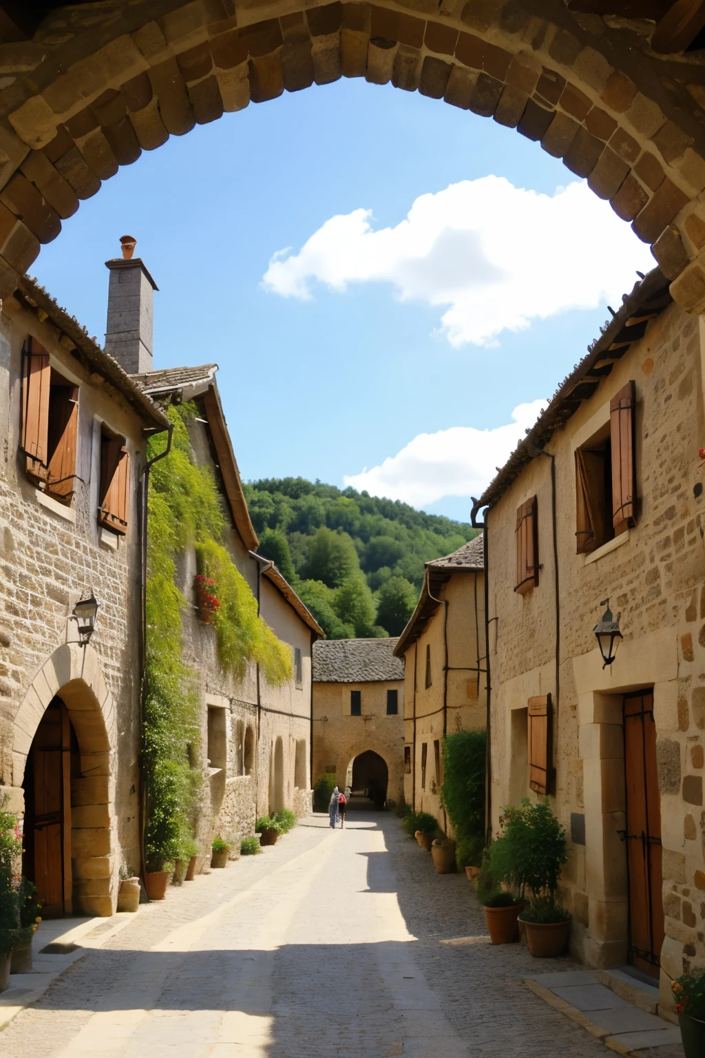 a village in a medieval style , vue de dessus avec un pont-levis à l'entrée et une sortie nord