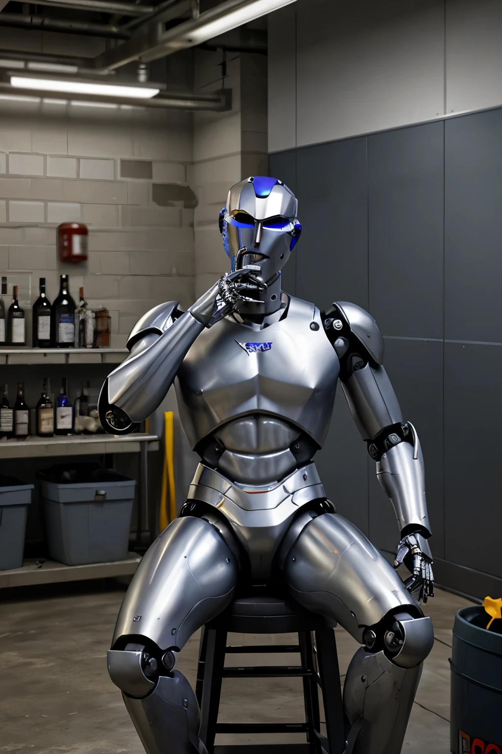 (Masterpiece), A robot with a human head sits in a maintenance room drinking alcohol., Realistic like a human, Shiny metallic armor, The face of a half-American young man is very handsome., 