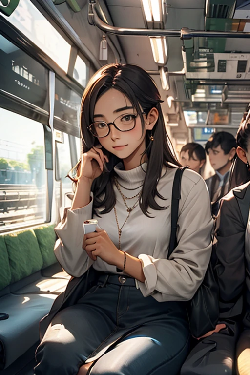 highest quality、masterpiece、High sensitivity、High resolution、detailed、Glasses、Looking up、Embarrassed face、Shyly、Sitting on the train、