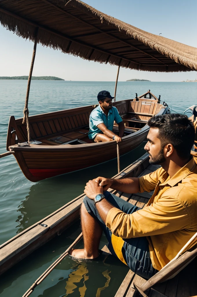 A boat man sitting with person in both both concerned