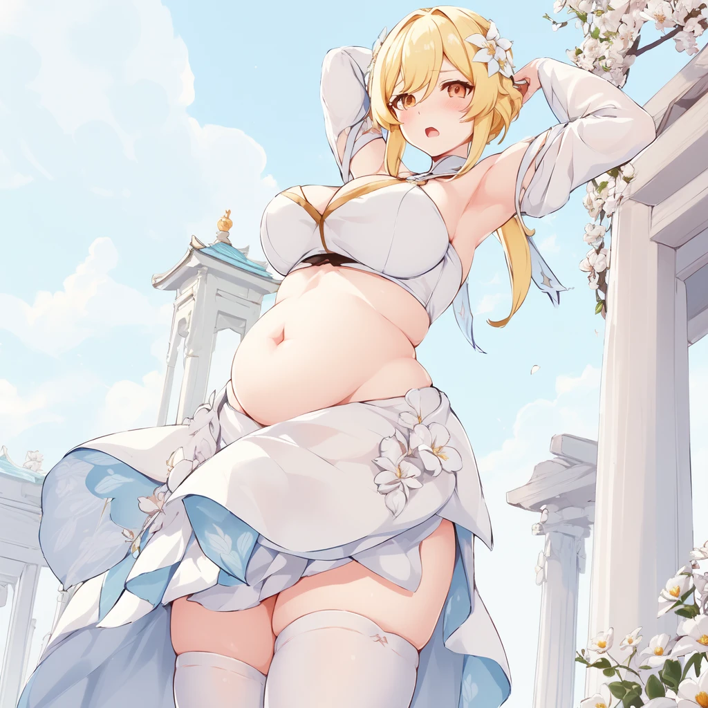 lumine_genshin_impack, 1girl, breasts, detached_sleeves, flower, upper_body, hair_flower, hair_ornament, long_sleeves, medium_breasts, solo, standing,white_dress, white_flower, white_legwear,
blush,
outdoors,blue sky, temple, looking at viewer, mountain, chubby, large belly, (big belly:1.4), round belly, shocked, open mouth, her belly swelling, (hands behind head:1.4), (solo:1.5), swollen belly, midriff, navel
