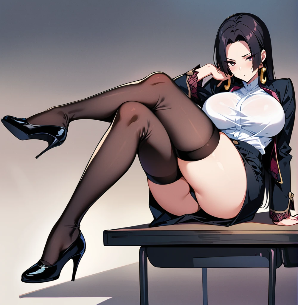 Boa Hancock,sitting on the table, sitting on the table,whole body,crossed legs, big breasts,I look at the viewer,I look with pity,a high resolution,High quality, masterpiece ,black tight black skirt, White shirt, black jacket,Black heels, Black Stockings , Class,sfw