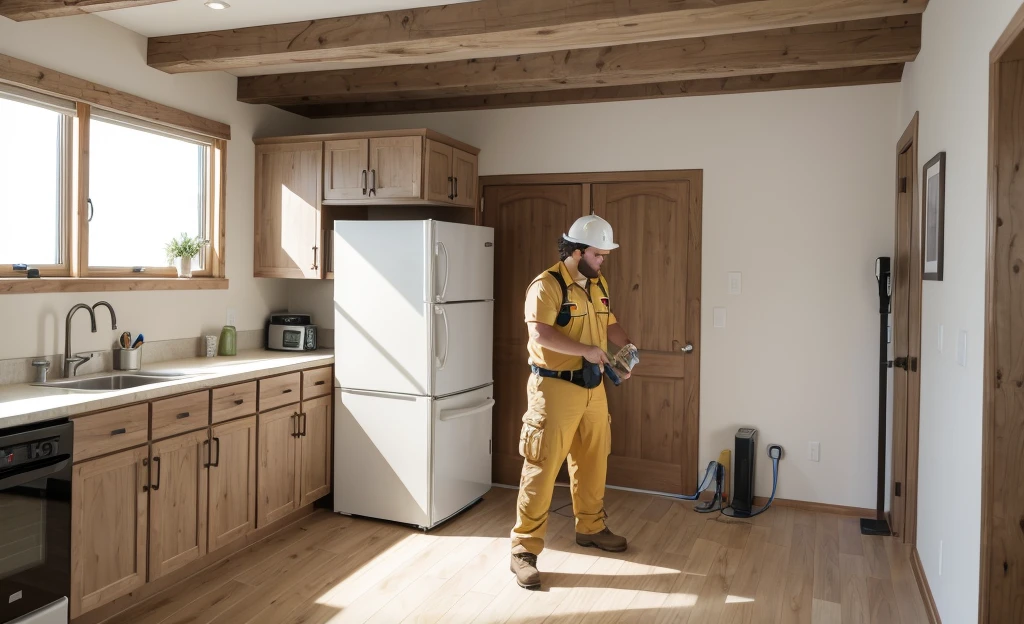 Create an image showing a natural gas installation technician in a residence planning where the natural gas will be installed