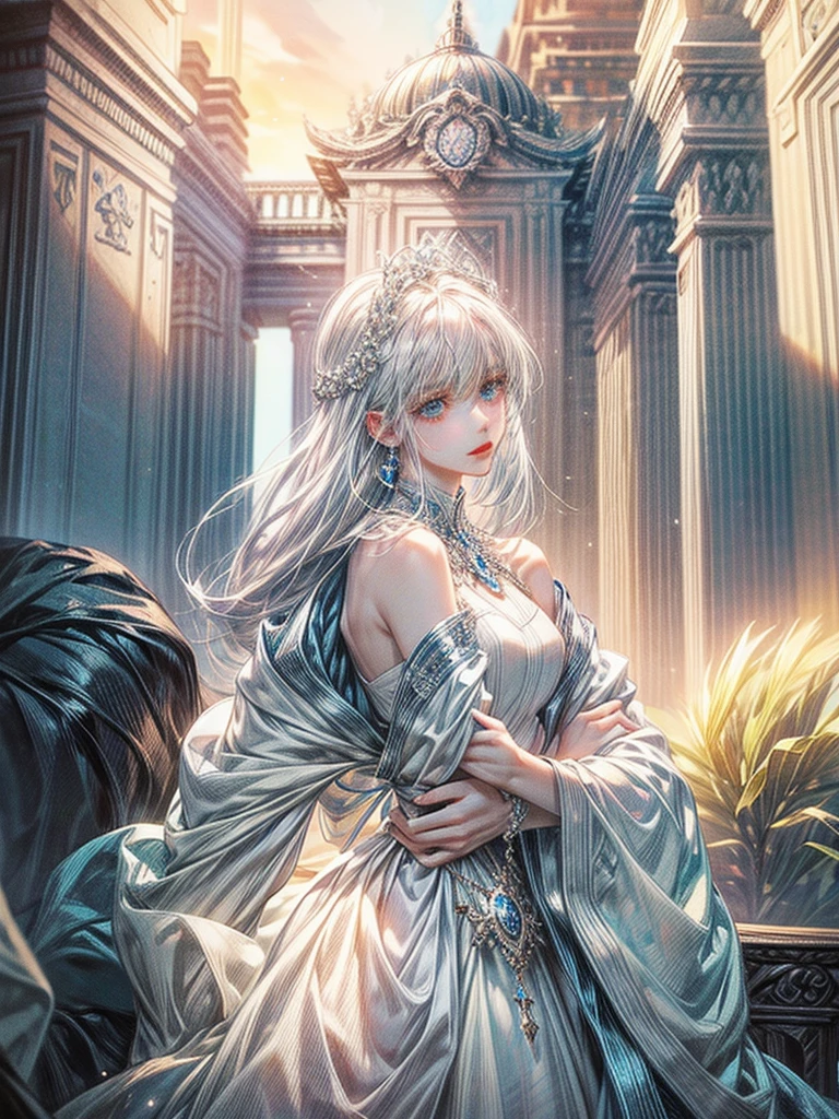 White-haired beauty、Blue eyes that shine like jewels、goddess、mysterious、temple、Super detailed、highest quality、masterpiece