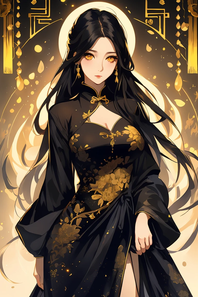  masterpiece, top quality, best quality, official art, beautiful and aesthetic, animation,, 1woman, black hair, golden eyes, long hair elder sister, cold, shiny eyes, big chest, milf, cheongsam ,