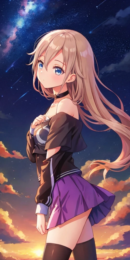 one girl, IA, Aria on the Planetes, off shoulder, black shirt, short skirt, choker, from side, starry sky, look at the sky, pray for stars