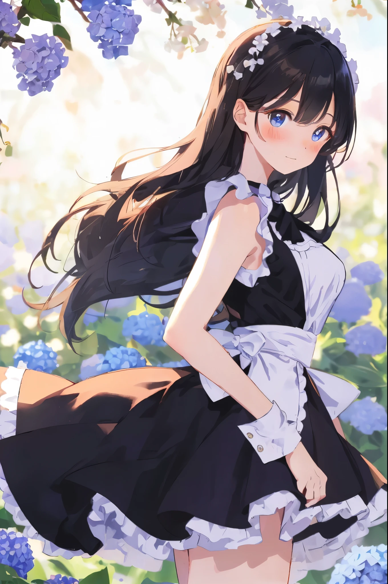 best quality, masterpiece, (solo:1.2), (1 Female:1.2)、Age 25、Larger breasts、(Slender figure)、(Maidスタイル)、Maid、(from side)、Thighs、(White highlight in pupil:1.2)、Dark blue eyes、(Black-haired:1.2)、(Long Hair)、(View your viewers:1.2)、White skin、(blush)、(Embarrassed expression)、Wooden veranda、(I blur the background a lot to make the woman stand out.:1.3)、(The sunlight shines in)、(Half backlight)、(Beautiful hydrangea flowers for background)、(Front blur)、(I see a rainbow in the distance)