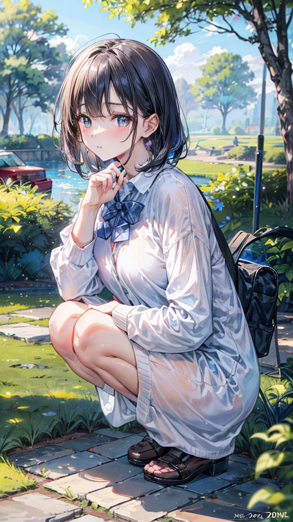(Best quality, 8k, 32k, Masterpiece, UHD,:1.2),RAW, 1girl,ultra cute , natural lighting,transparent shining eyes, 20yo,medium breast ,fair complexion ,flushed face, dynamic angle, short hair, White sweater, squatting near windows, Norwegian Forest Cat at her foot