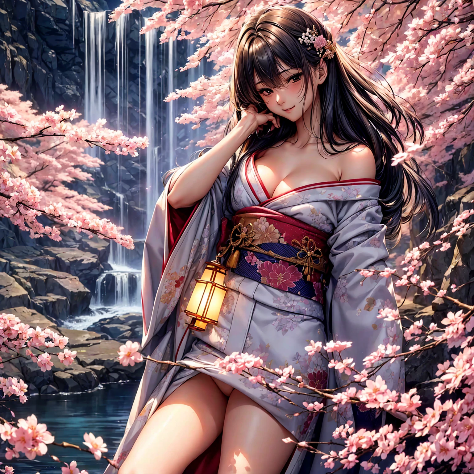 (((highest quality、masterpiece、Very high resolution、High-resolution images)))、Beauty Painting、A woman of perfect and ultimate beauty:18-year-old、Beautiful body:Slender and beautiful breasts、Beautiful Face:smile、Beautiful colorsの髪:Japanese hair and Japanese hair accessories、Beautiful Eyes、Best skin and hair texture、Realistic texture、Beautiful texture、Smooth texture、(nude)、Wearing a Japan kimono:Shoulders exposed:I can see your thighs、Beautiful waterfront、Waterfall and cherry blossoms、Lantern、Beautiful night sky:Starry Sky、Natural light、Beautiful views、Beautiful colors、Beautiful posture、The wind is blowing:Fluttering Hair、Overall image、Perfect detail、Accurate Images、Accurate anatomy、No image defects、Perfect image、Beautiful images、(Best Shot:1.2、RAW Photos:1.2)