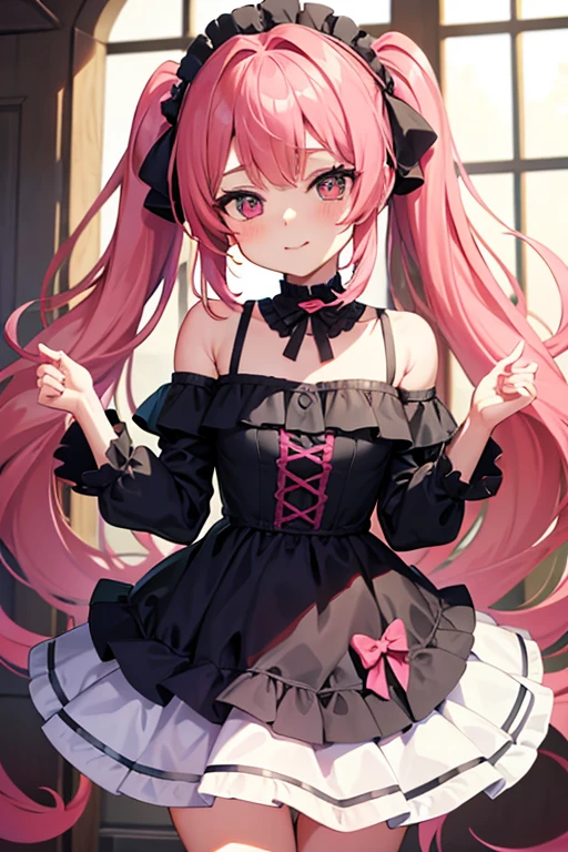 (masterpiece, best quality, 1girl, young girl, twintails, pink hair, big eyes, wearing a frilly dress, cheerful expression, Naked, (anime style:1.2))