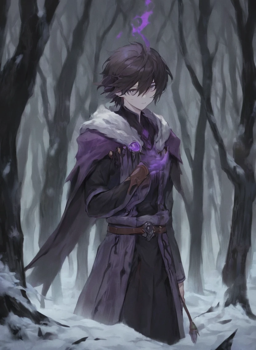 young man ,Male Dark, dark Woods, cold colors, Elf with puple eye, Warlock dnd, Elf