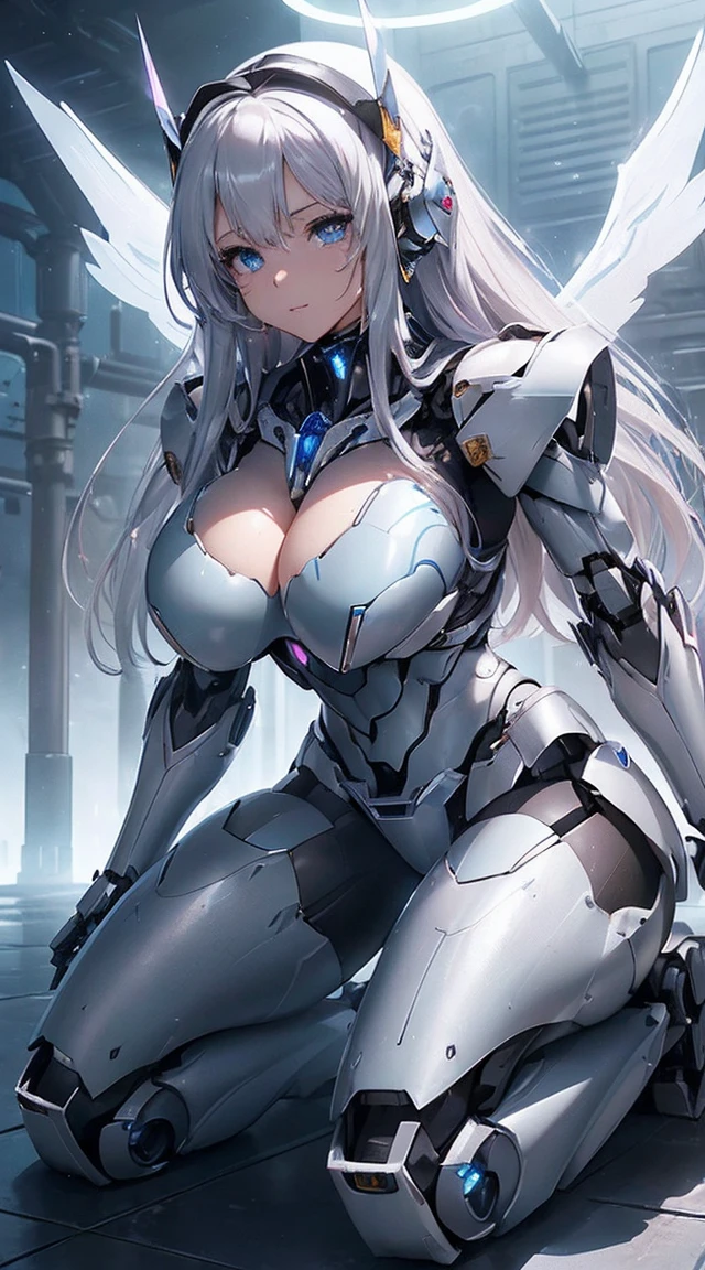 (Sit with one knee on the machine:1.6)、(Full body description:1.3)、((Shining lenses on both breasts:1.3))、((Blue pillars of light are emanating from both chests.:1.3))、smile、((8k)), ((32k)), ((highest quality)), ((masterpiece)), ((超A high resolution)), ((Tmasterpiece)), ((halo:1.4))、((Mechaニカルheadgear:1.2))、((Cyber headphones:1.3))、Fine skin, High quality fabric, Fine metal texture、((Beautiful and dense face))、RAW Photos、Professional, Ultra-fine painting, ((alone)), Beautiful breasts、highest quality, Very detailed, Very detailed詳細, Finer details, so beautiful, ((Princess Knight Robot:1.2)),  (Joints of machines, Mechanical Limbs:1.3), (The internal structure of the machine is exposed:1.3), (Long silver hair:1.1), (Beautiful and huge mechanical breasts)、White Veil, cowboy_shot, Side Focus, headgear, Shiny、(Five Fingers, Four fingers and thumb),Concept Art, Anime fantasy artwork, Detailed fantasy art, (with pale blue-violet hair and large white wings,,,,,,,), (((Long silver hair))), (Mecha:1.6)、Sleek and intimidating design, ((Commander-in-Chief&#39;arm)), (Perfect robot body)、純白と青紫armまたは, Symmetrical wings, 8K high quality, detailed art, 3D rendering of character art in 8K, neat legs, Defined, Defined fingers,