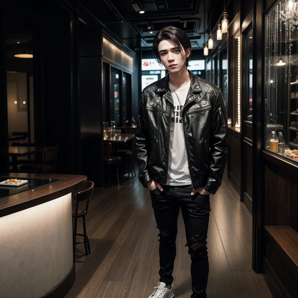 A man with dark hair wearing black jeans, black shirt, white jacket, and white shoes, standing in front of a restaurant with glass decorations, detailed facial features, highly detailed, photorealistic, studio lighting, vibrant colors, cinematic composition