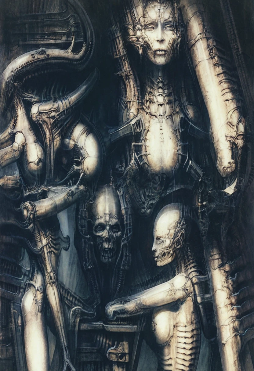 airbrush Giger_style, The image is a detailed view of H.R. Giger's \" Biomechanical Landscape No 312 \" plate, featuring a complex network of bones and organs in a purple-brown hue ,swirling gray and brown colorsgroup of three alien figures positioned in the foreground. Emaciated and skeletal, with hollow eyes, they appear to be constructed from bone and metallic elements, a characteristic fusion of organic and mechanical forms found in Giger's biomechanical art. One figure sits on a simple chair, while the other two flank it on either side, suggesting a hierarchy within the group. The background is a dark and limited space painted in a uniform red color. This lack of detail keeps the focus on the figures and creates a sense of mystery about their environment. Receding into the distance are a series of arches and tunnels that hint at a larger biomechanical landscape, possibly the work of the creatures themselves The artwork is silver and purplish brown, with an ivory bones prominently displayed. The image is highly detailed and intricate, almost like a 3d version of a medical diagram (detailed view of an anatomy model, possibly of a human body, with transparent organs and bones exposed). The piece has a thick mechano-organic texture and is covered in fine details. The image has a swirling, organic quality to it. The artistic manner would be unmistakably Gigeresque. A dark and unsettling beauty would permeate the piece, blurring the lines between fascination and repulsion , forever haunted by the grotesque allure. Giger's signature artistic manner would be evident in every stroke. The airbrush would be wielded with masterful precision to create a hyperrealistic yet nightmarish aesthetic.,hrgiger,H.G. Giger Style, Biomechanics,HRGigerArhP style in HRGigerArhP style, abstract, mechanical chaos, muted colors,