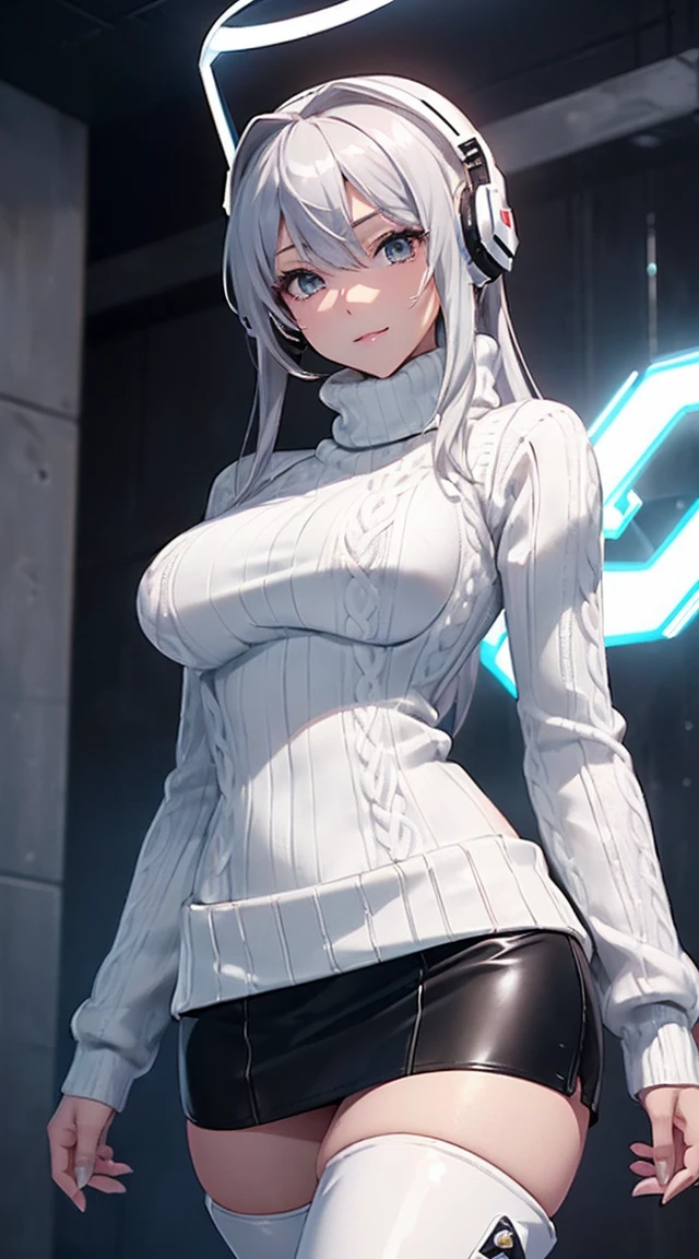 smile、((8k)), ((32k)), ((highest quality)), ((masterpiece)), ((超A high resolution)), ((Tmasterpiece)), ((halo:1.4))、((White mechanical headgear:1.3))、((White mecha cyber headphones:1.3))、Fine skin, High quality fabric, ((Beautiful and dense face))、RAW Photos、Professional, Ultra-fine painting, ((alone)), Beautiful breasts、highest quality, Very detailed, Very detailed詳細, Finer details, so beautiful, Full body description、on a futuristic street、White thigh-high boots、(Woman wearing a black leather miniskirt:1.8)、(Wearing a white knitted turtleneck sweater:1.8)、 take a walk、Beautiful legs、(Machine Eyes:1.3)、drooping eyes: 1.3,, (In 8K) , masterpiece, (No retouching, Lip gloss, False eyelashes, Real Skin, highest quality, 超A high resolution, Depth of written boundary, chromatic aberration, Caustics, Wide Lighting, Natural Shading))、Korean Idol、Asian woman smiling at camera,、A young and cute gravure idol, Young and skinny gravure idol, Realistic Young Gravure Idol, Young Gravure Idol, Japanese Model, Shot with Canon EOA 6D Mark II, Shot with Canon EOS 5D Mark IV, Young Gravure Idol、(White thigh-high boots:1.5)、(Long silver hair:1.1), cowboy_shot, Side Focus, Shiny、Concept Art, Anime fantasy artwork, (((Long silver hair))), 8K high quality, detailed art, In 8Kのキャラクターアートの3Dレンダリング, neat legs, Defined, Defined fingers,