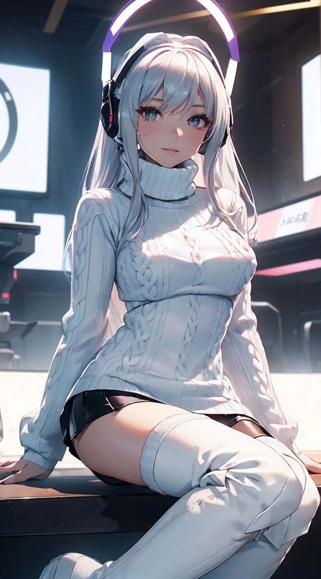 smile、((8k)), ((32k)), ((highest quality)), ((masterpiece)), ((超A high resolution)), ((Tmasterpiece)), ((halo:1.4))、((White mechanical headgear:1.3))、((White mecha cyber headphones:1.3))、Fine skin, High quality fabric, ((Beautiful and dense face))、RAW Photos、Professional, Ultra-fine painting, ((alone)), Beautiful breasts、highest quality, Very detailed, Very detailed詳細, Finer details, so beautiful, Full body description、on a futuristic street、White thigh-high boots、(Woman wearing a black leather miniskirt:1.8)、(Wearing a white knitted turtleneck sweater:1.8)、 take a walk、Beautiful legs、(Machine Eyes:1.3)、drooping eyes: 1.3,, (In 8K) , masterpiece, (No retouching, Lip gloss, False eyelashes, Real Skin, highest quality, 超A high resolution, Depth of written boundary, chromatic aberration, Caustics, Wide Lighting, Natural Shading))、Korean Idol、Asian woman smiling at camera,、A young and cute gravure idol, Young and skinny gravure idol, Realistic Young Gravure Idol, Young Gravure Idol, Japanese Model, Shot with Canon EOA 6D Mark II, Shot with Canon EOS 5D Mark IV, Young Gravure Idol、(White thigh-high boots:1.5)、(Long silver hair:1.1), cowboy_shot, Side Focus, Shiny、Concept Art, Anime fantasy artwork, (((Long silver hair))),  8K high quality, detailed art, In 8Kのキャラクターアートの3Dレンダリング, neat legs, Defined, Defined fingers,