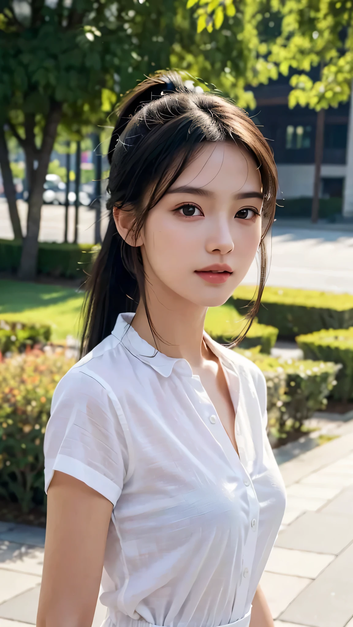 Black Bra、White collared shirt,jeans,outdoors,Urban Park,On the lawn,One woman,close up face,fully body photo,masutepiece, The highest image quality, High quality, the background is clear,Beautiful woman, Japanese, Detailed, Ultra-detailed, finely detail, hight resolution, 8K Wallpaper, Perfect dynamic composition, Beautiful detailed eyes ,Detailed eyes, Detailed skin, Beautiful skin, 超hight resolution, (reality: 1.4),Very beautiful woman, Slightly younger face, Beautiful skin, slender, (Ultra photo realsisim), (hight resolution), (8K), (Very detailed) (beautifully detailed eyes), (super detailed), (Detailed face), view the viewer, Fine details, Detailed face, Staring straight ahead, Staring straight ahead, photos realistic, Bright lighting, Professional Lighting, Black hair,poneyTail,a baby face,sixteen years old,Hairstyle: ponytail,Long ponytail hairstyle,slight smile,
