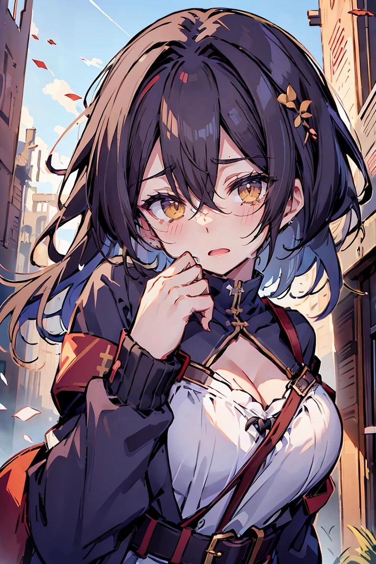 (masterpiece:1.2), (high quality:1.2), hui xiyi, rekkyo sensen, rekkyou sensen, girls with((black hair, tits cleavage, waving is hands, breasts close up, suspenders, dress, blue clothes, belt, frills shirt, white knit sweater, camisole, exposed breasts, straps, ribbon, upper body, long hair, one side up, nun, long sleeves, perfect hands, perfect fingers)), background with((fantasy world, ruin, castle, beautiful sky, shining sky, sunshine))