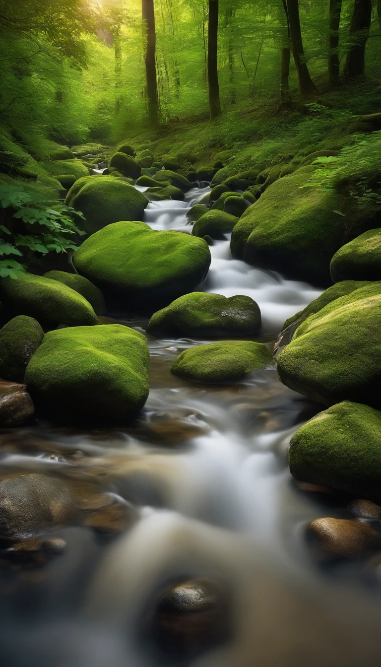 Generate an image of a serene and beautiful stream flowing through a lush, green forest with sunlight filtering through the trees. The water should be clear and reflect the surrounding nature, with gentle ripples and small rocks visible in the stream.