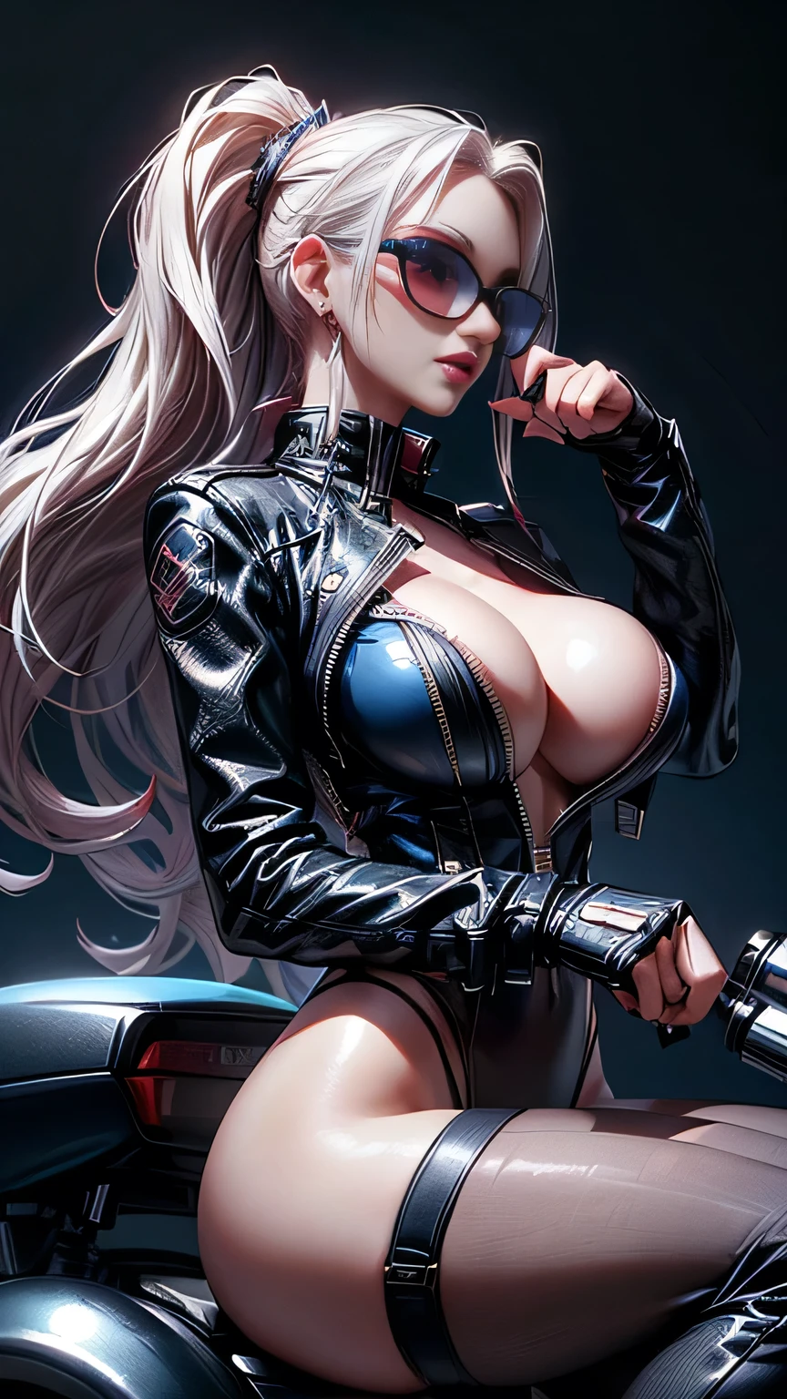 ((beautiful russian supermodel)) ((blue sunglasses)) ((seductive smile and actitud)) ((very dark eyeshadows makeup)) ((bright red lips)), ((long platinum blonde hair)) ((big breast:1.5)) ((skinny body:1.3)) ((wear biker jacket)) ((blue sequins tiny thong bikini, bikini, bikini)) ((fishnet stocking)) ((seductive pose sit on chopper harley-davidson for fashion photoshoot black background)) ((high definition:1.5) ((masterpiece:1.5))((8k:1.5)) ((Best quality:1.4)), more_details:-1, more_details:0, more_details:0.5, more_details:1, more_details:1.5, more prism, vibrant color,