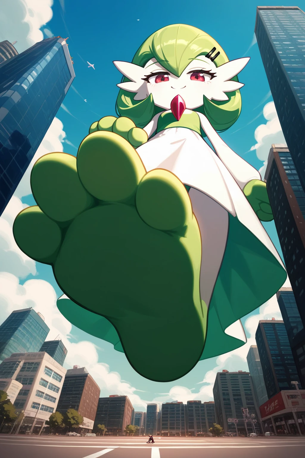 (Fraction_9,Fraction_8_Direction_7_up,), green legs, full body! shot, green and white, higurashi, danny phantom, full body shot close up, gardevoir, pokemon, sizedifference, macro, giantess, low angle, paws, stand, look down, 1 character, deceptive smile, hands down, half-squinted eyes, city