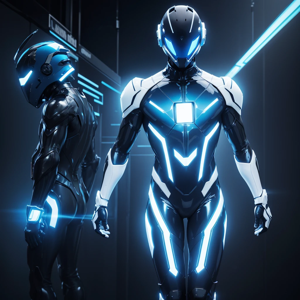 (masterpiece), (best quality), (high res) Solo, (perfect anatomy) Dronificated unknown man in a fully (enclosed blue latex full body suit) (white LEDs across the suit) (white glowing core in the chest), (enclosed cyber helmet) that cover his whole face and hides his identity with a white screen, strong body, muscular body, in a storage, (no face) no face, no hair, no mouth, no eyes, in a factory