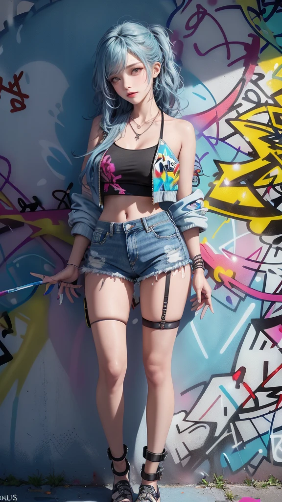 masterpiece， Best quality， solo， Jacket， Denim shorts， Necklace， （doodle：1.5）， Paint splatter， Put your arms behind your back， ， Looking at the audience，（Hand holding spray paint：1.5） Armband， thigh strap， Paint on the body， Head tilt， having fun， hair color， Aqua eyes， earphone，(Graffiti Wall:1.5)（Full body portrait；1.5）