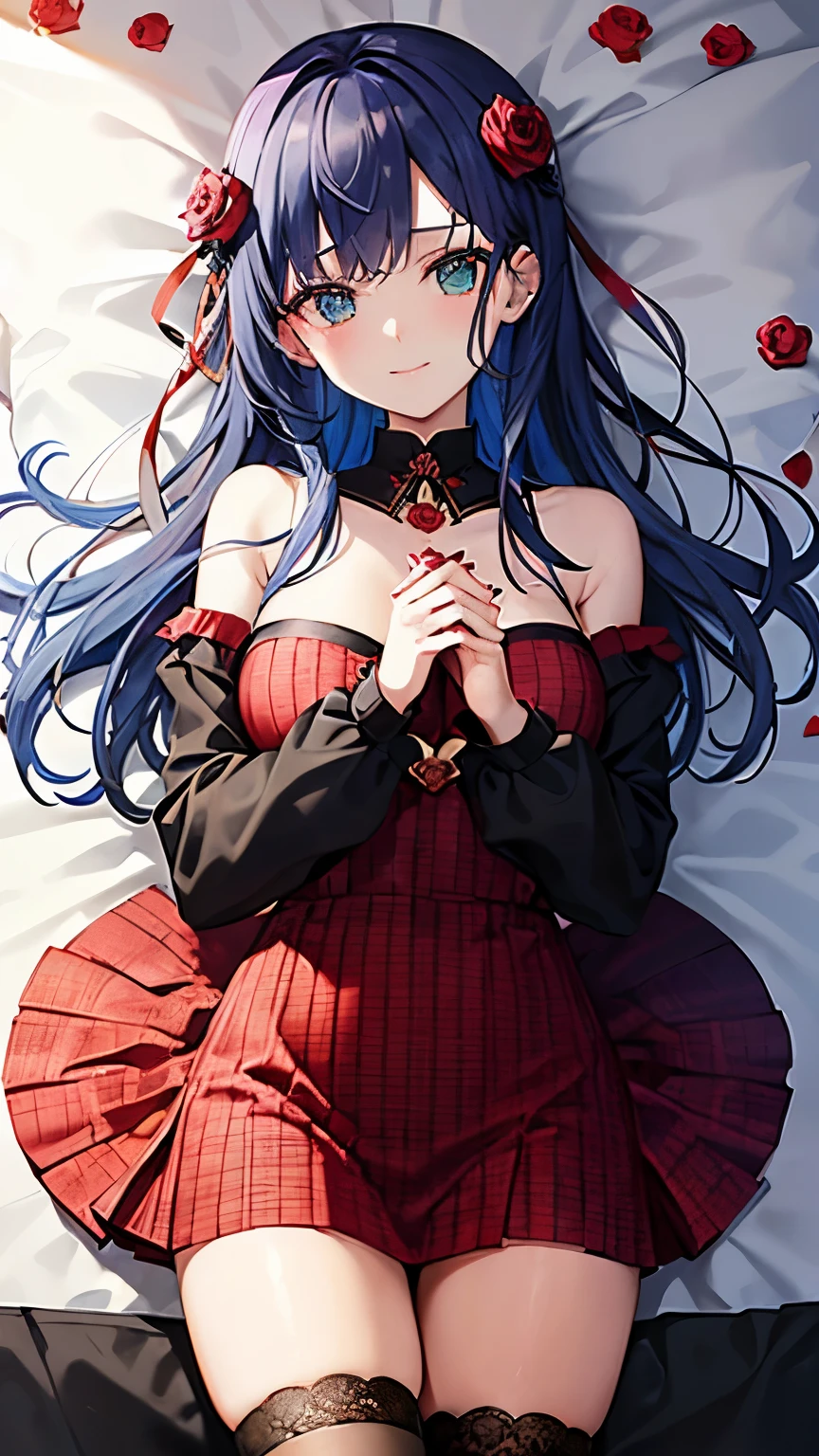 Blue Hair,Medium Hair,(Put a red rose in your hair),Green Eyes,(((Place your hands together on your chest))),(((pray))),Rose-patterned clothes,,Black thigh-high socks,smile,Rose petals flutter