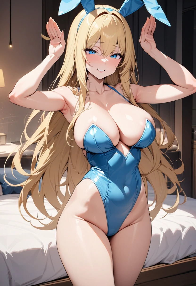 ((highest quality)),masterpiece, One adult woman, Big Breasts, solo, Long Hair, Blonde,((blue eyes)),tall, Bunny girl,Bunny costume,Shoulder Bare,leotard,smile,Trance,Rabbit Pose,Standing posture,Bedroom,