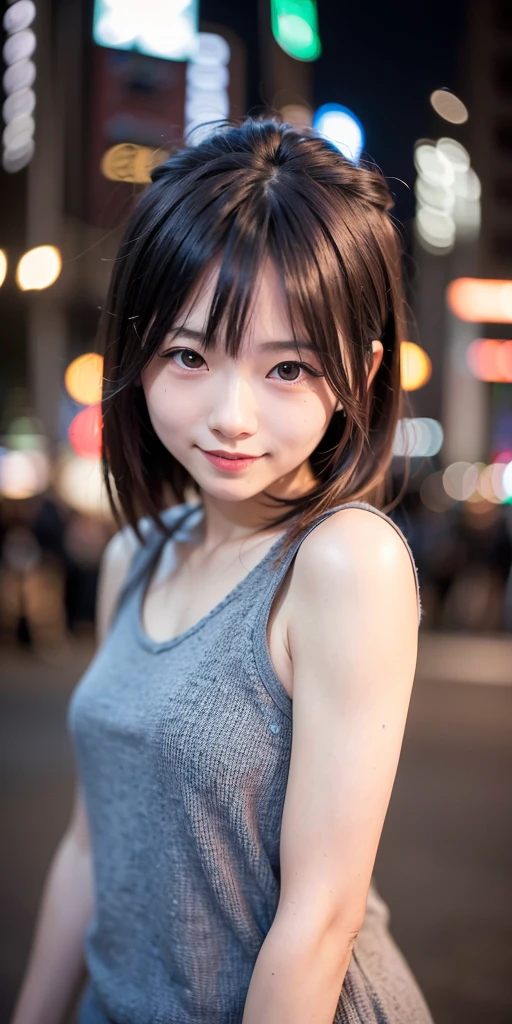 1girl, Tokyo street,night, cityscape,city lights,upper body,close-up,smile,, (8k, RAW photo, best quality, masterpiece:1.2),(realistic, photo-realistic:1.37),