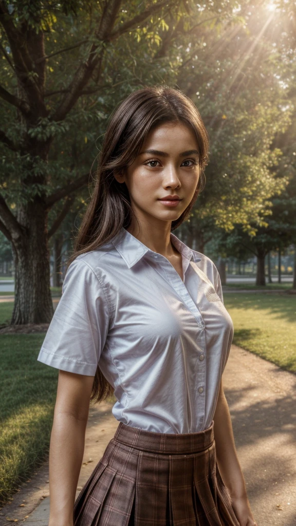 (masterpiece, best quality:1.2), octane rendering, (8k, uhd, ultra high res), professional lighting, (RAW photo:1.2), (photorealistic:1.37), (super intricate all details), (super realistic all textures), realistic photo, ultra detailed eyes, ultra sharp photo result, superrealism, Lakeside park with sunlight shining through the trees, (school uniform, shirt, skirt), japanese girl, 17 years old, , skinny body, flat chest, extremely beautiful face, super detailed face, super real skin, super detailed eyes