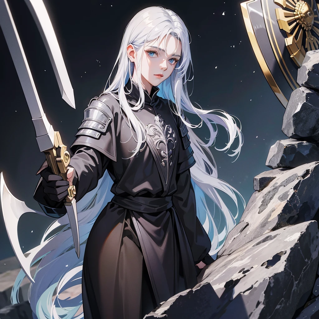 Young paladin in black armor,Silver Dragon Cloak,The right hand holds a long axe.,The left hand holds a shield.
