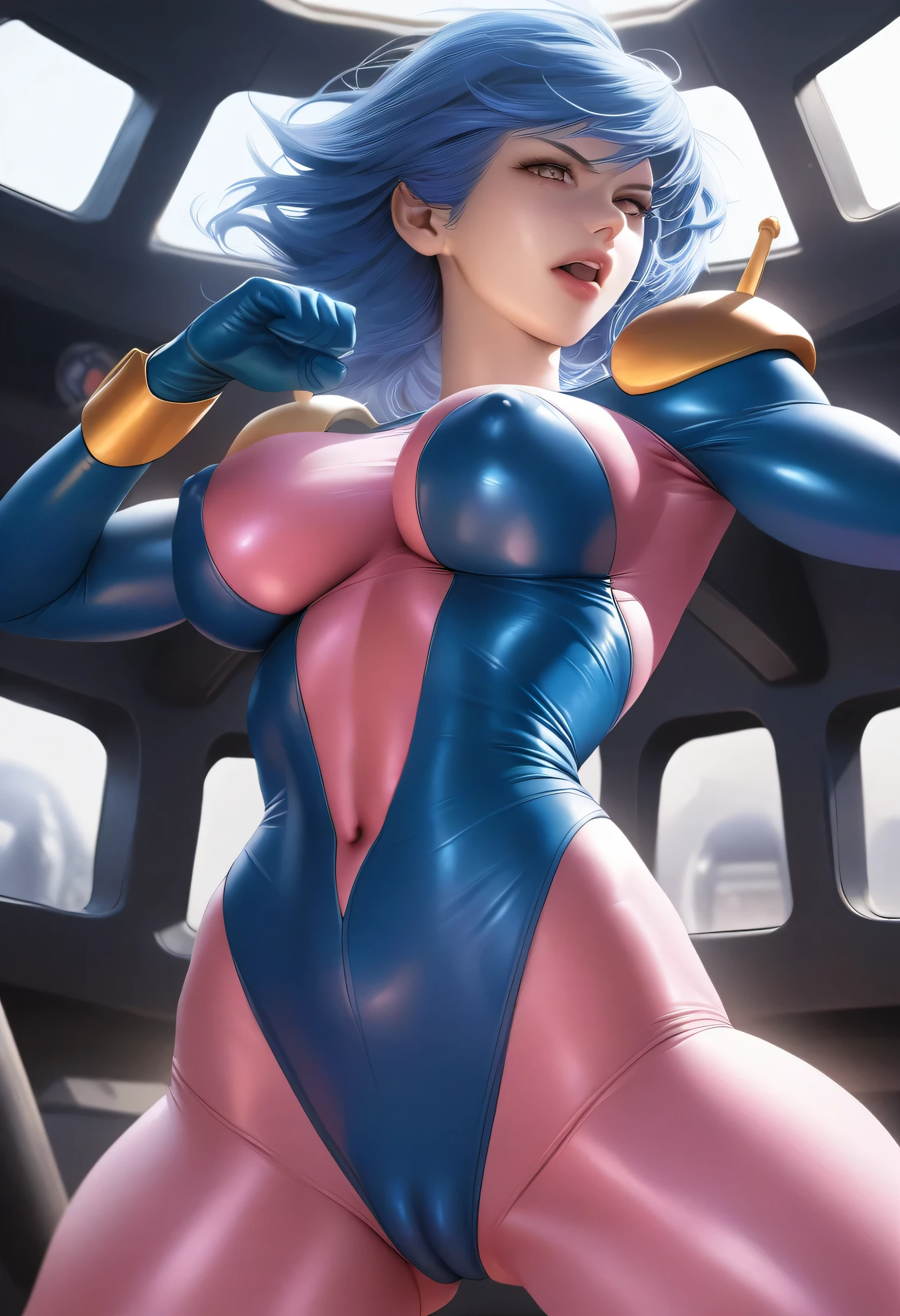 perfect hands, perfect finger,perfect anatomy, masterpiece, best quality,realistic, hyperrealistic, 16k hdr,1girl, large breasts,erected nipples,cameltoe,blue hair, bobcut,mobile trace suit, shoulder armor,fighting pose, upper body, cockpit,from below