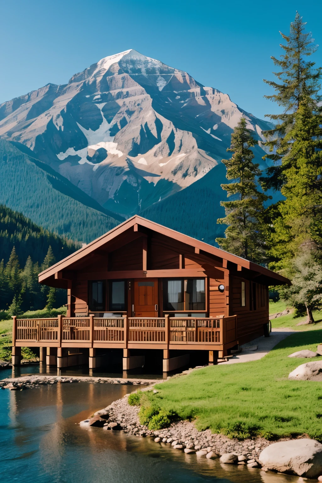 Mountain image house in cartoon rivers