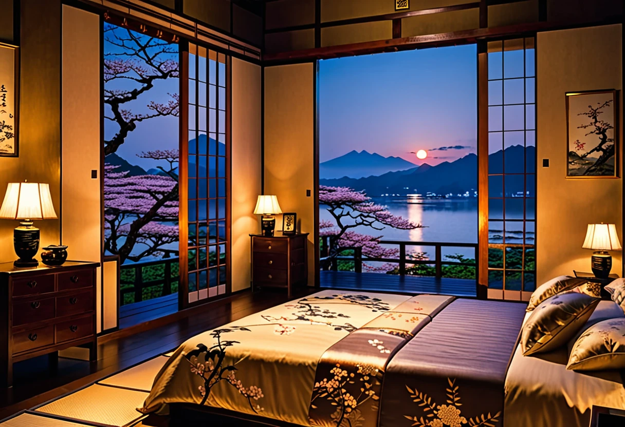 Another world in the night in the bedroom, beautiful scenery of Japan, before summer, Sengoku period ((masterpiece, best quality, 8K))